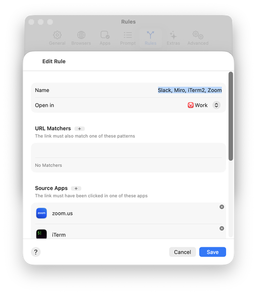 Модальное окно Edit Rule в Velja: правило «Slack, Miro, iTerm2, Zoom», открывается в профиле Work; в Source Apps добавлены zoom.us и iTerm
